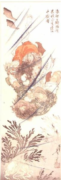 Rorihakucho Cho Jun and Kokusempu Ri Ki, in an under water fight, from the novel Suikoden, 19th century by Tsukioka Yoshitoshi